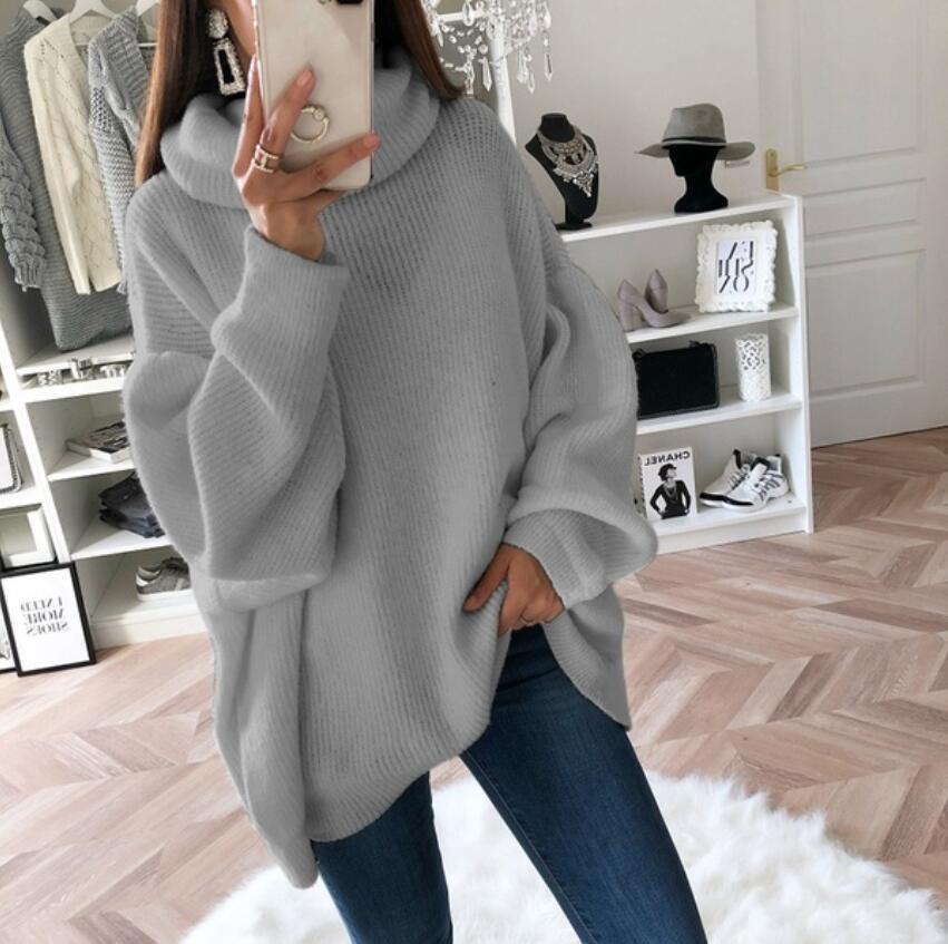 Women's Grey Long Sleeve Loose Neck Sweater - D'Zani Fashion