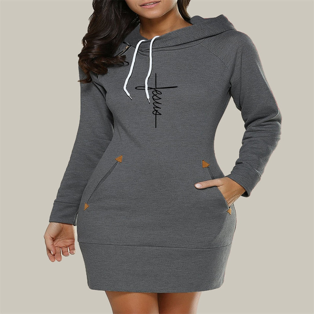 Women's Dark Grey Plus Size Hooded  Dress - D'Zani Fashion