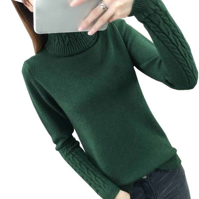 Women's Army Green Turtleneck Tricot Sweater - D'Zani Fashion