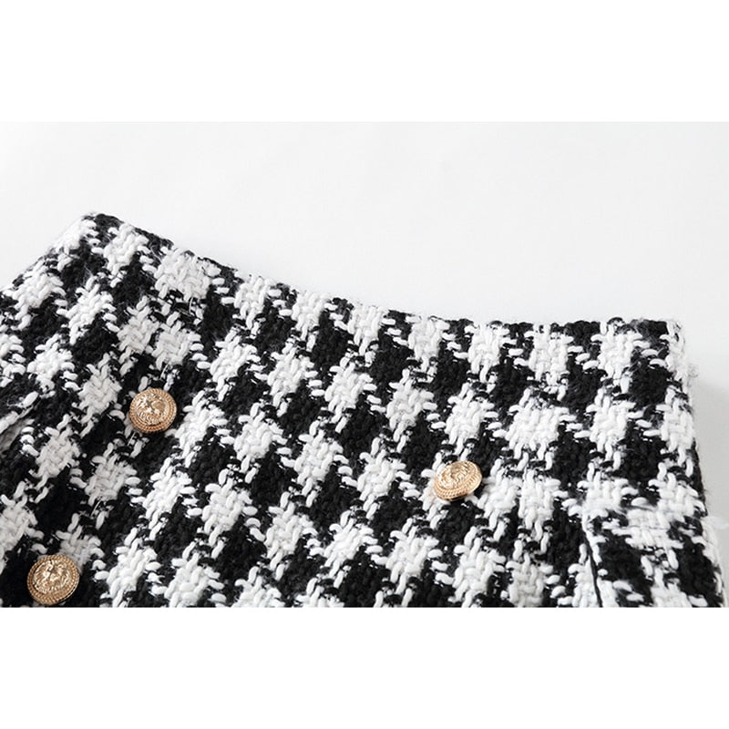 Women's Black Tweed Wool Houndstooth Mini Skirt - D'Zani Fashion