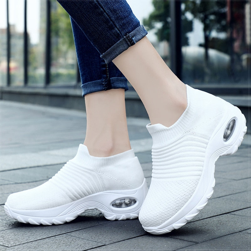 Women's White Breathable Slip-On Sneakers - D'Zani Fashion