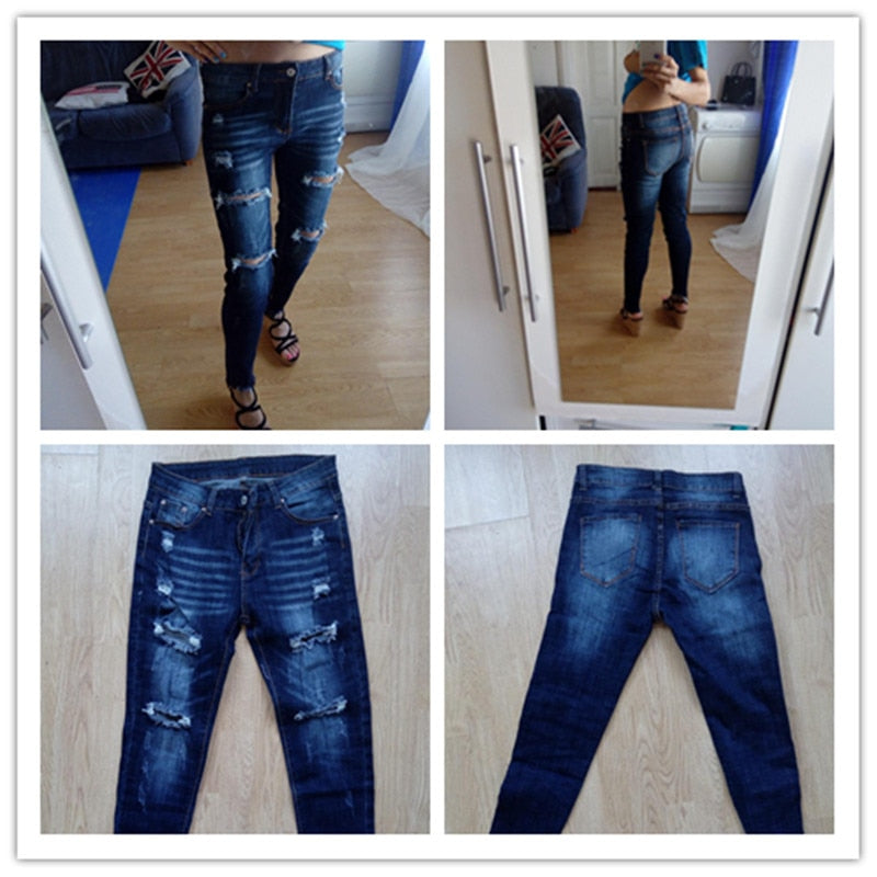 Women's Navy Blue Distressed Ripped Denim Jeans - D'Zani Fashion