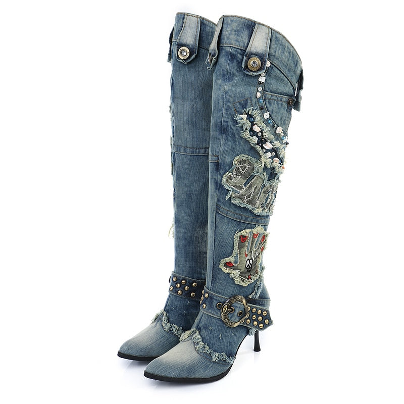 Women's Blue Denim Knee High Boots - D'Zani Fashion
