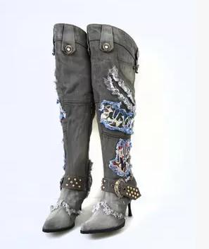 Women's Grey Denim Knee High Boots - D'Zani Fashion