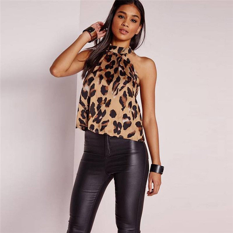 Women's Brown Leopard Backless Halter Top - D'Zani Fashion