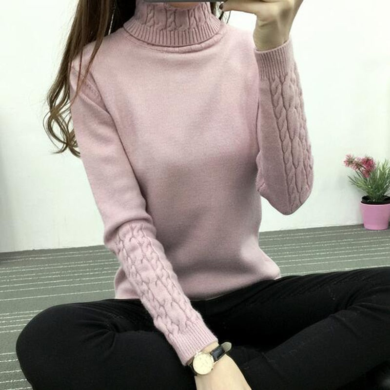 Women's Pink Turtleneck Tricot Sweater - D'Zani Fashion