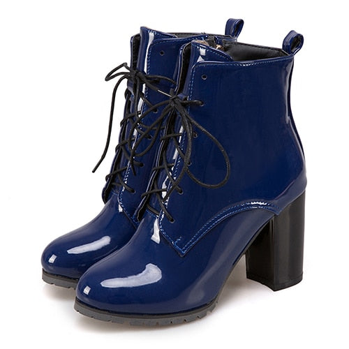 Women's Blue Patent Leather Lace up Ankle Boots - D'Zani Fashion