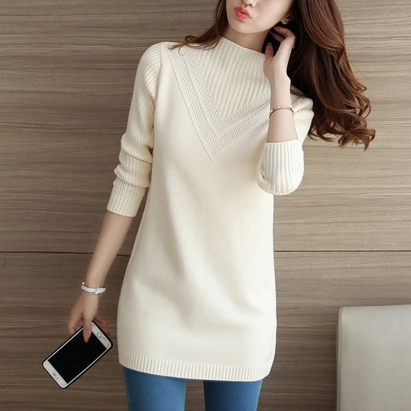 Women's White Comfy Turtleneck Sweater - D'Zani Fashion