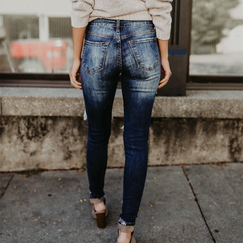 Women's Dark Blue Distressed Ripped Denim Jeans - D'Zani Fashion