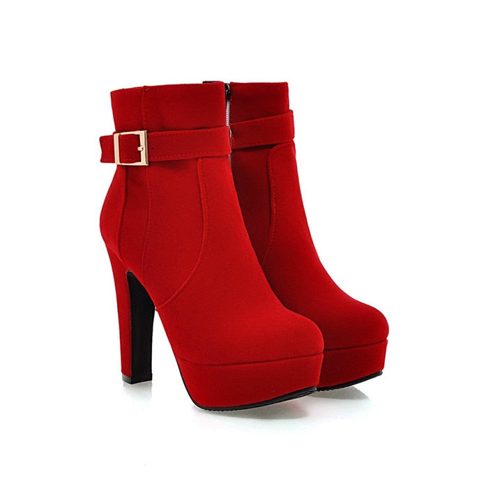 Women's Red Platform Buckle Ankle Boots - D'Zani Fashion