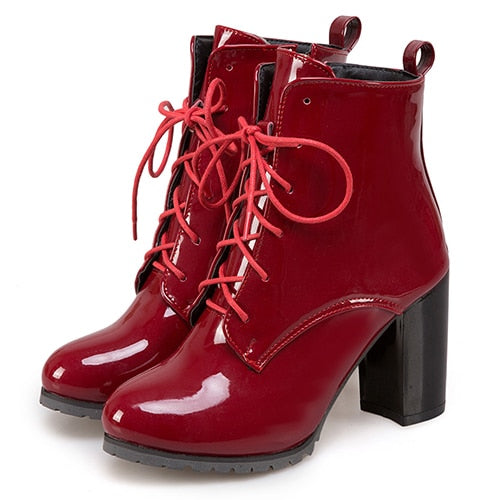 Women's Red Patent Leather Lace up Ankle Boots - D'Zani Fashion