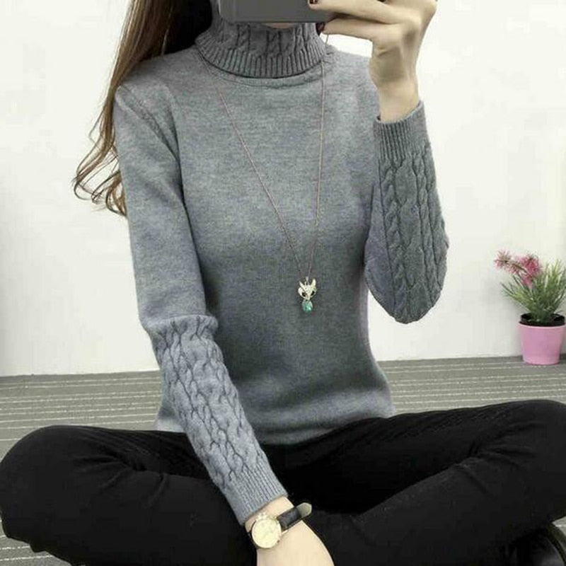 Women's Grey Turtleneck Tricot Sweater - D'Zani Fashion