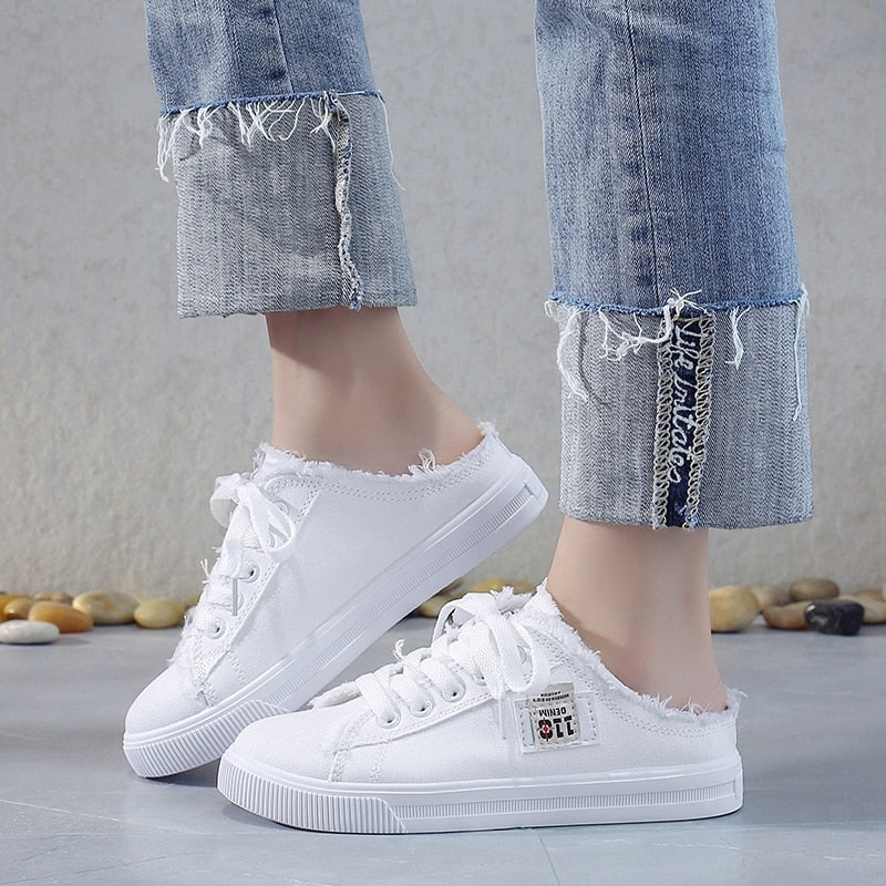 Women's White Canvas Lace Up Sneakers - D'Zani Fashion