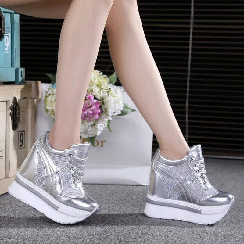 Women's Silver Comfortable Wedge Sneakers - D'Zani Fashion