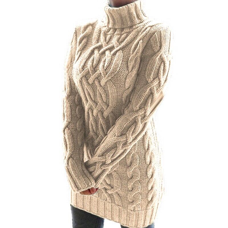 Women's Khaki Sweater Long Sleeve Turtleneck Dress - D'Zani Fashion