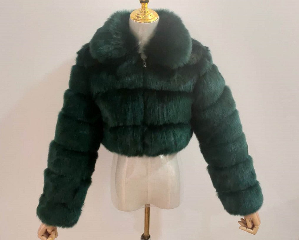 Women's Green Fluffy Faux Fur Short Jackets - D'Zani Fashion