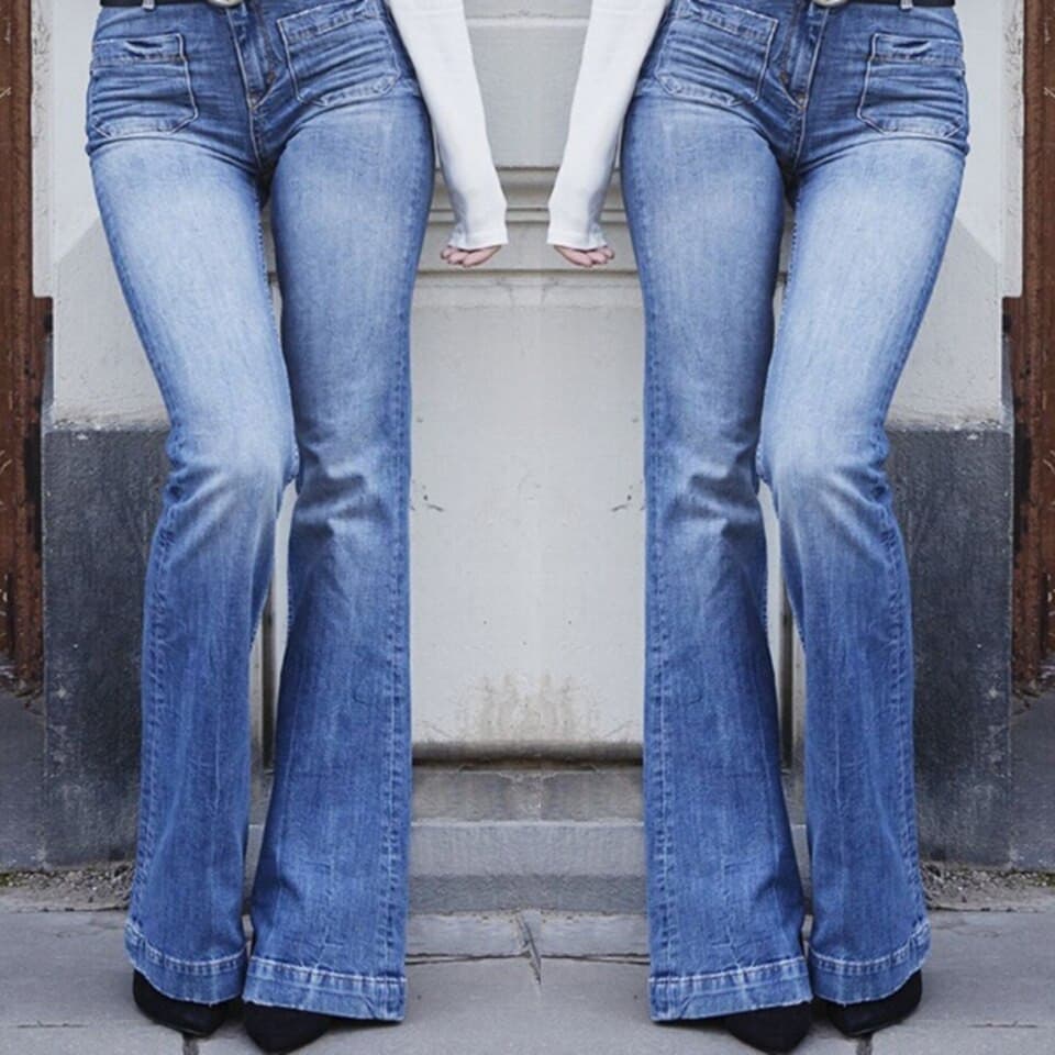 Women's Blue Plus Size Bell Bottom Jeans - D'Zani Fashion