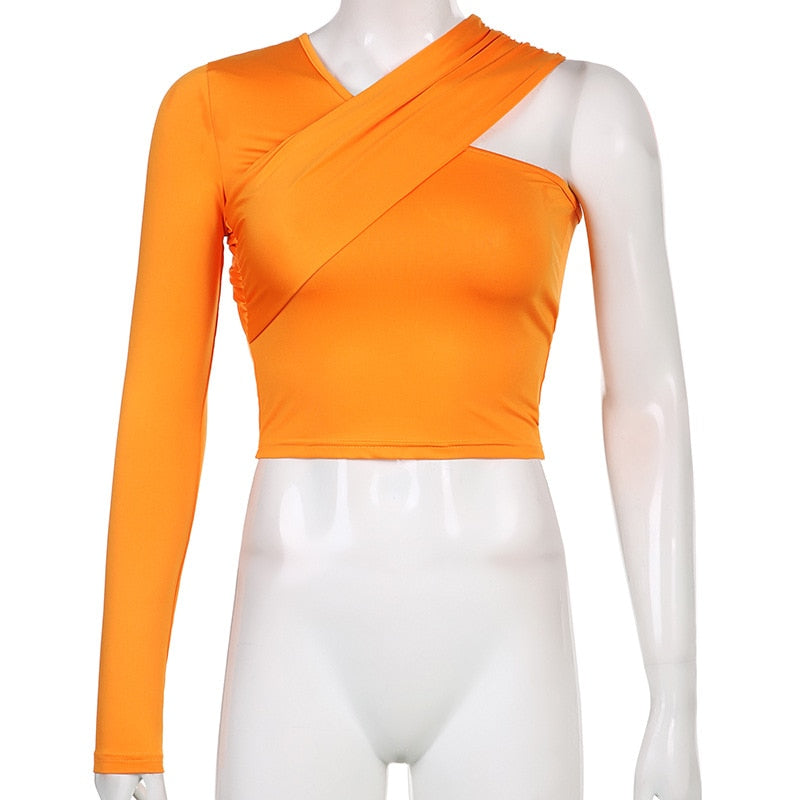 Women's Orange One Shoulder Crop Tops - D'Zani Fashion