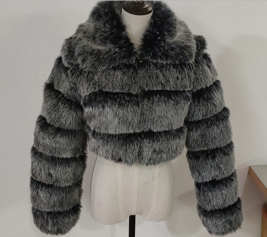 Women's Dark Grey Fluffy Faux Fur Short Jackets - D'Zani Fashion