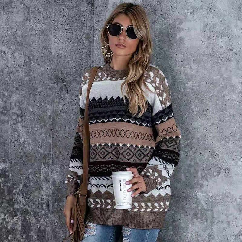 Women's Brown Pullover Loose Sweater - D'Zani Fashion