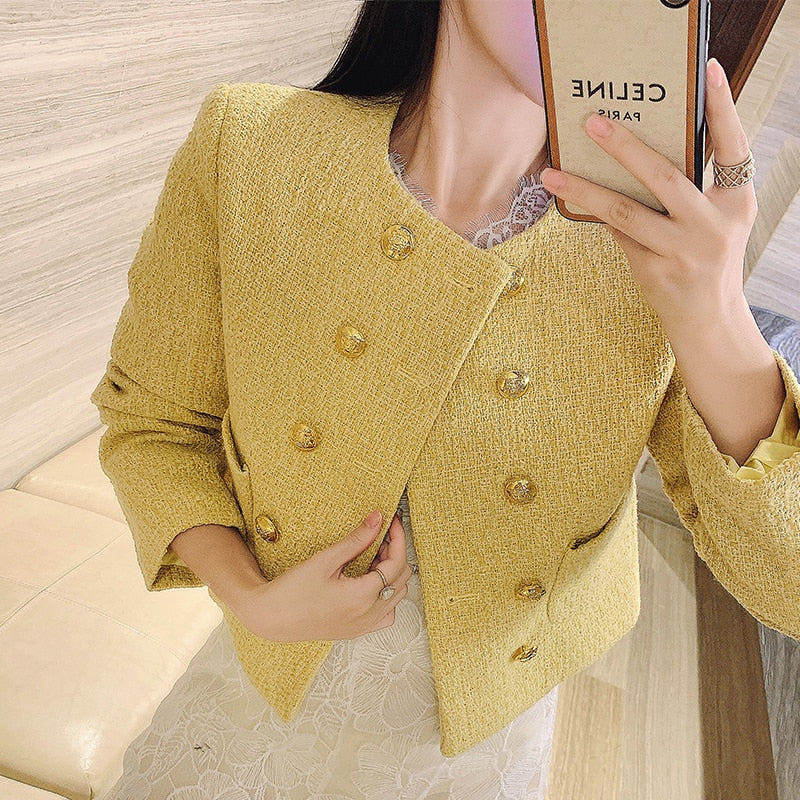 Women's Yellow Petite Waist Length Tweed Jacket - D'Zani Fashion