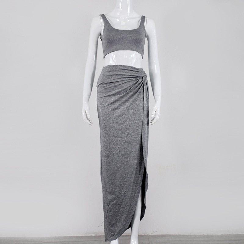 Women's Grey Two Piece Chic Maxi Skirt Set - D'Zani Fashion