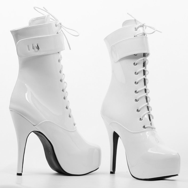 Women's White Sexy Lace-Up Padlocks High Heel Boots - D'Zani Fashion