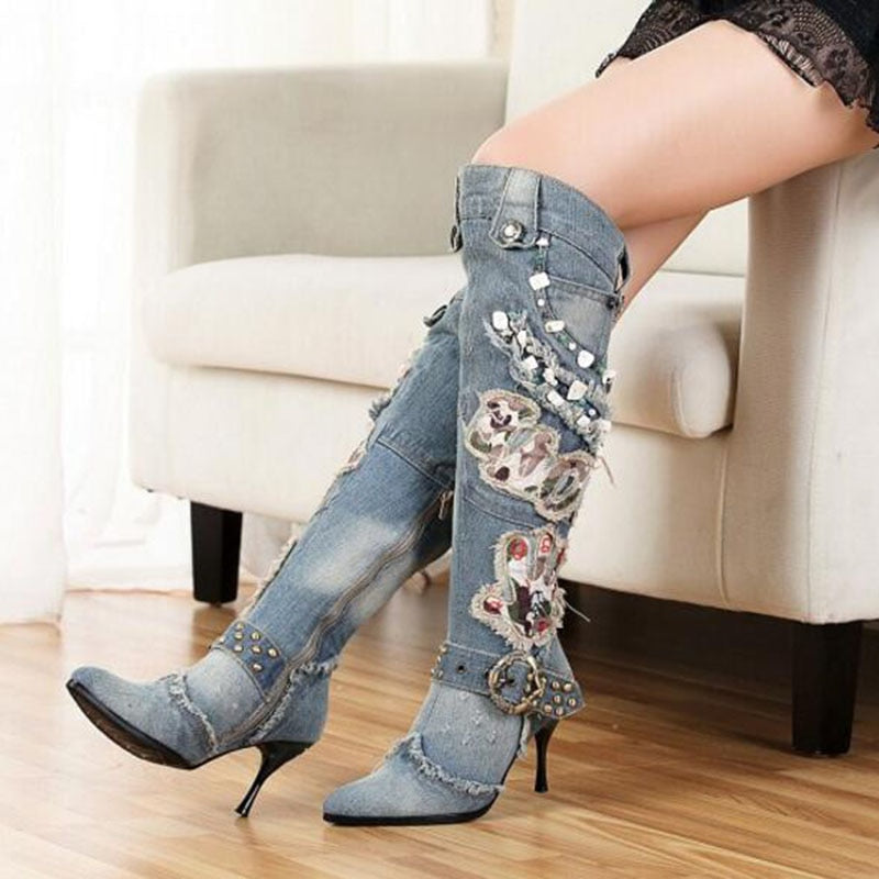 Women's Blue Denim Knee High Boots - D'Zani Fashion