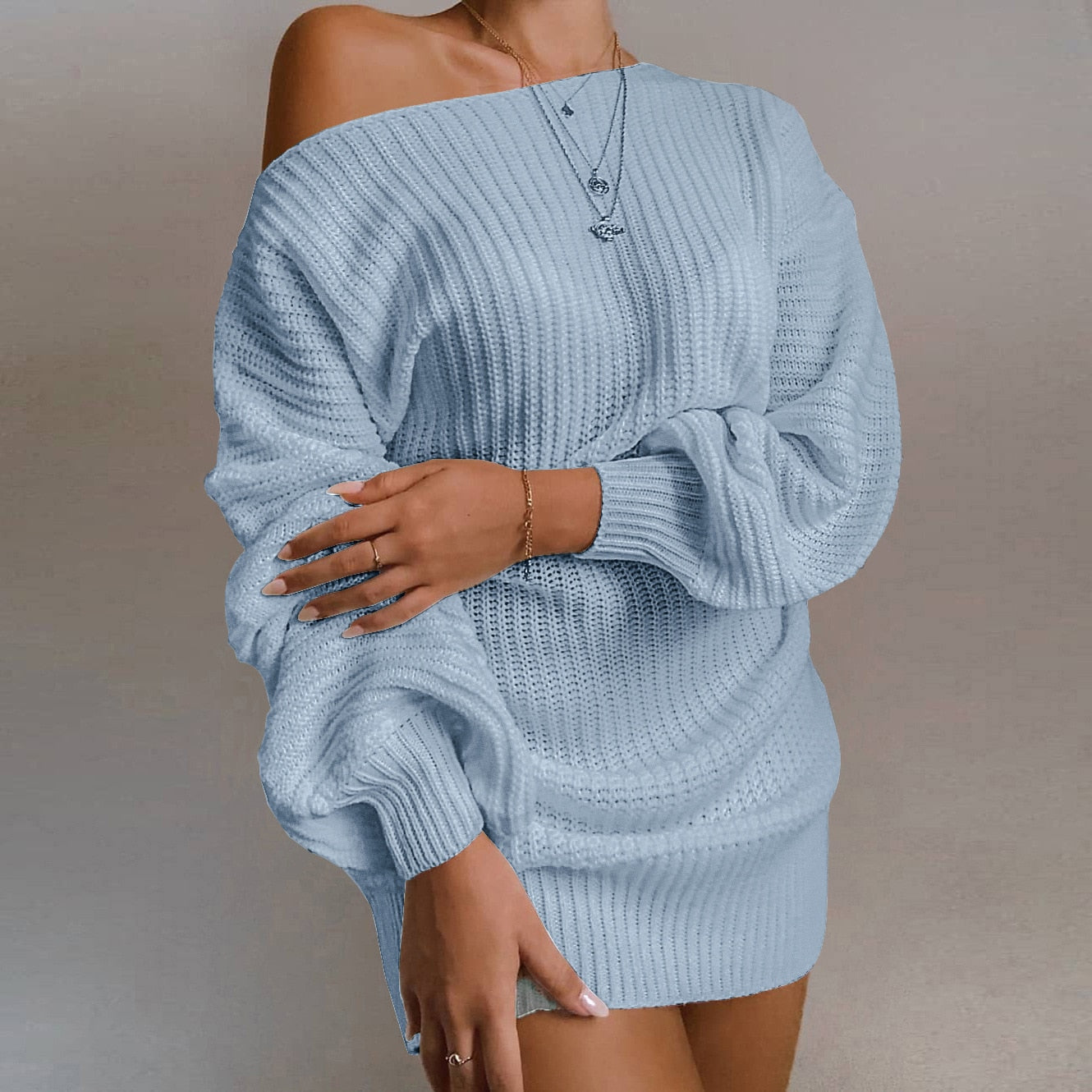 Women's Blue Jersey Sweater Mini Dress - D'Zani Fashion