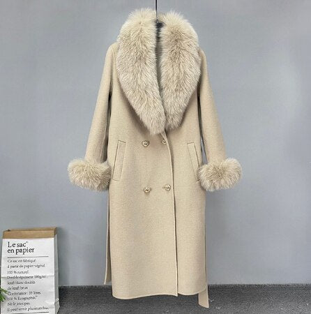 Women's Beige Faux Fur Collar Cashmere Wool Coat  - D'Zani Fashion