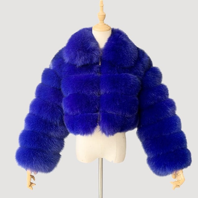 Women's Blue Fluffy Faux Fur Short Jackets - D'Zani Fashion