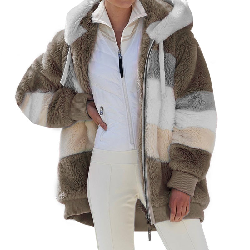 Women's Khaki Fuzzy Warm Hooded Jacket  - D'Zani Fashion
