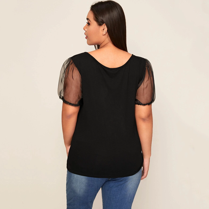 Women's Black Plus Size Sheer Short Sleeve Top - D'Zani Fashion