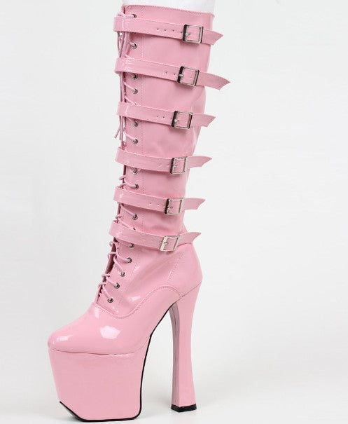 Women's Pink Stylish Buckled High Heel Boots - D'Zani Fashion