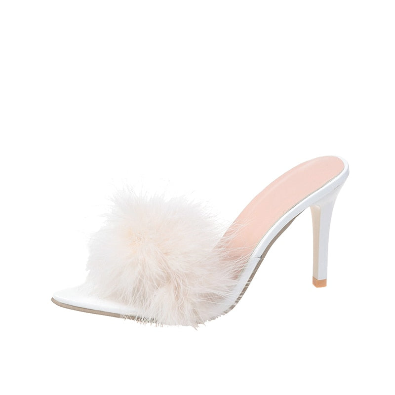 Women's White Sexy Feather Peep Toe Slides - D'Zani Fashion