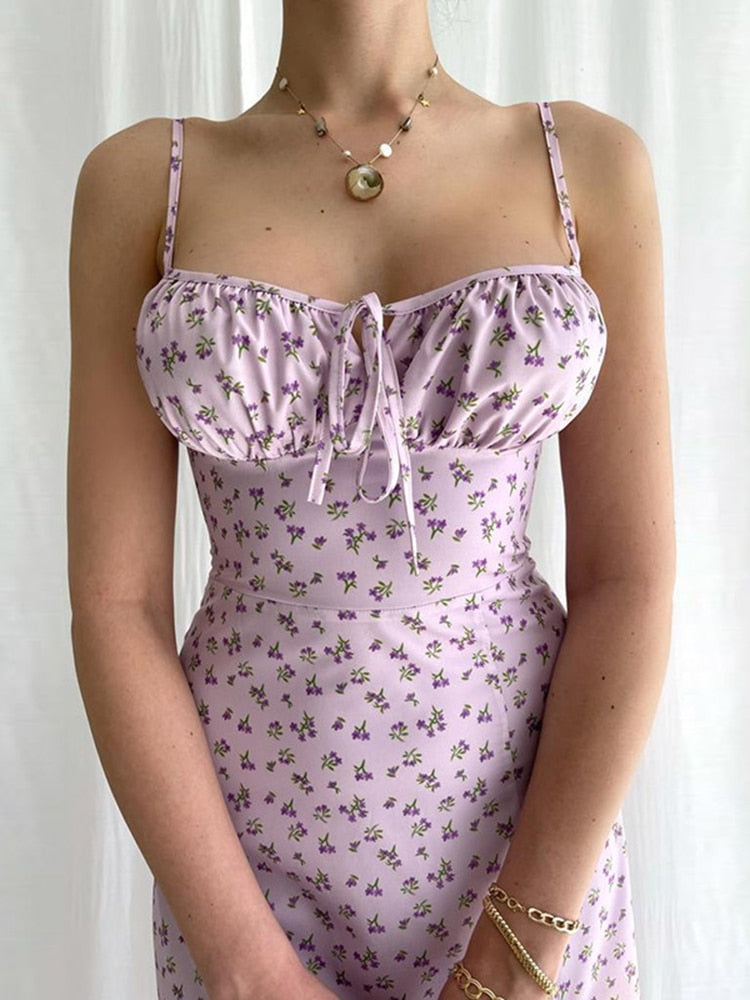 Women's Petite Pink Cottagecore Floral Split Dress - D'Zani Fashion