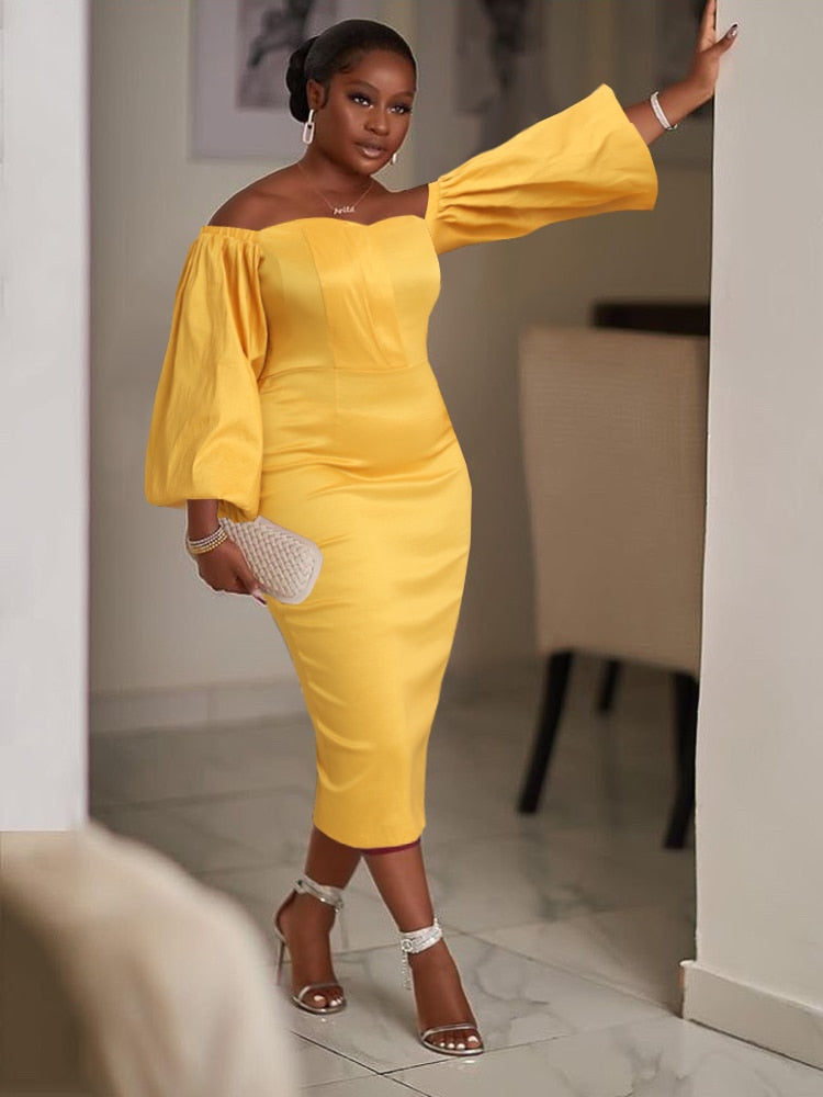 Women's Yellow Elegant Bare Shoulder Plus Size Dress  - D'Zani Fashion