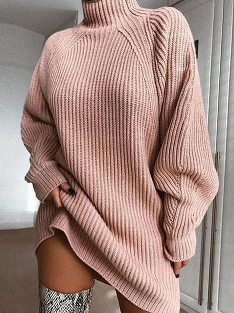 Women's Pink Turtleneck Sweater Dress - D'Zani Fashion