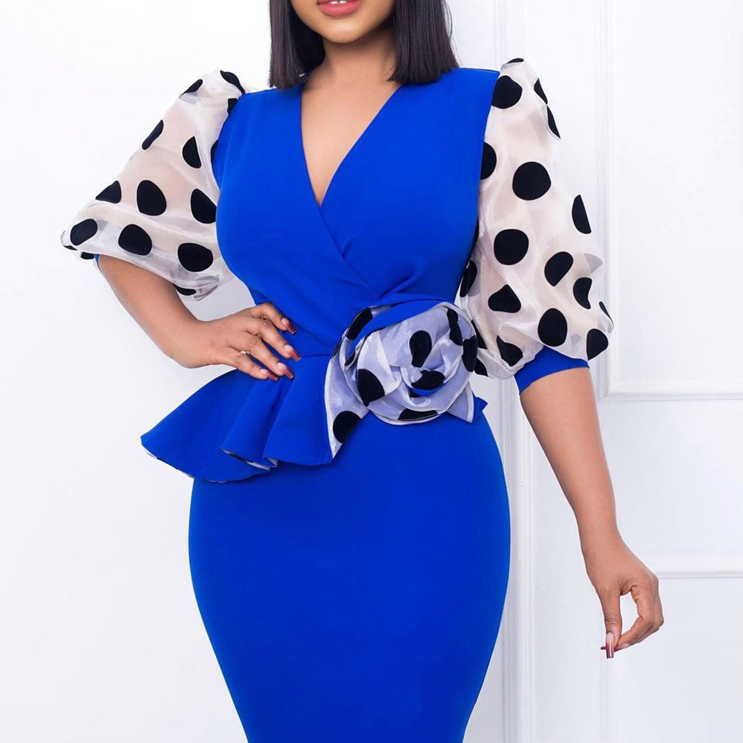 Women's Blue Elegant Polka Dot Sleeve V Neck Dress - D'Zani Fashion
