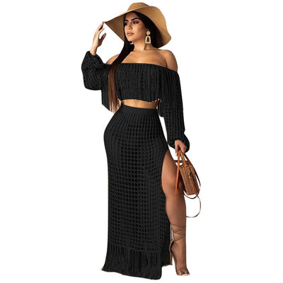 Women's Black Crochet Tassel Maxi Skirt Set - D'Zani Fashion