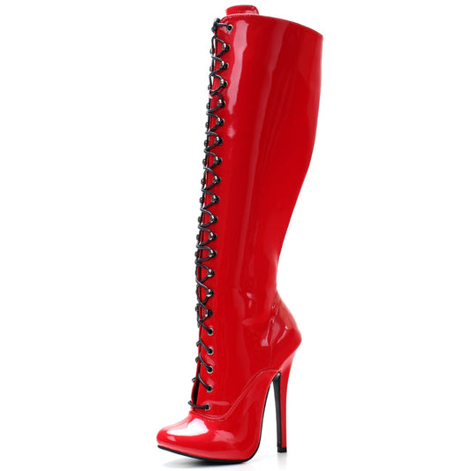 Women's Red Lace-Up Knee High Heels Boots - D'Zani Fashion