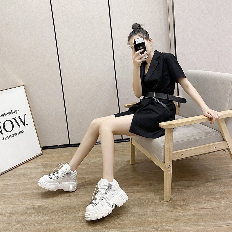 Women's White Lace-Up Metal Décor Sneakers - D'Zani Fashion