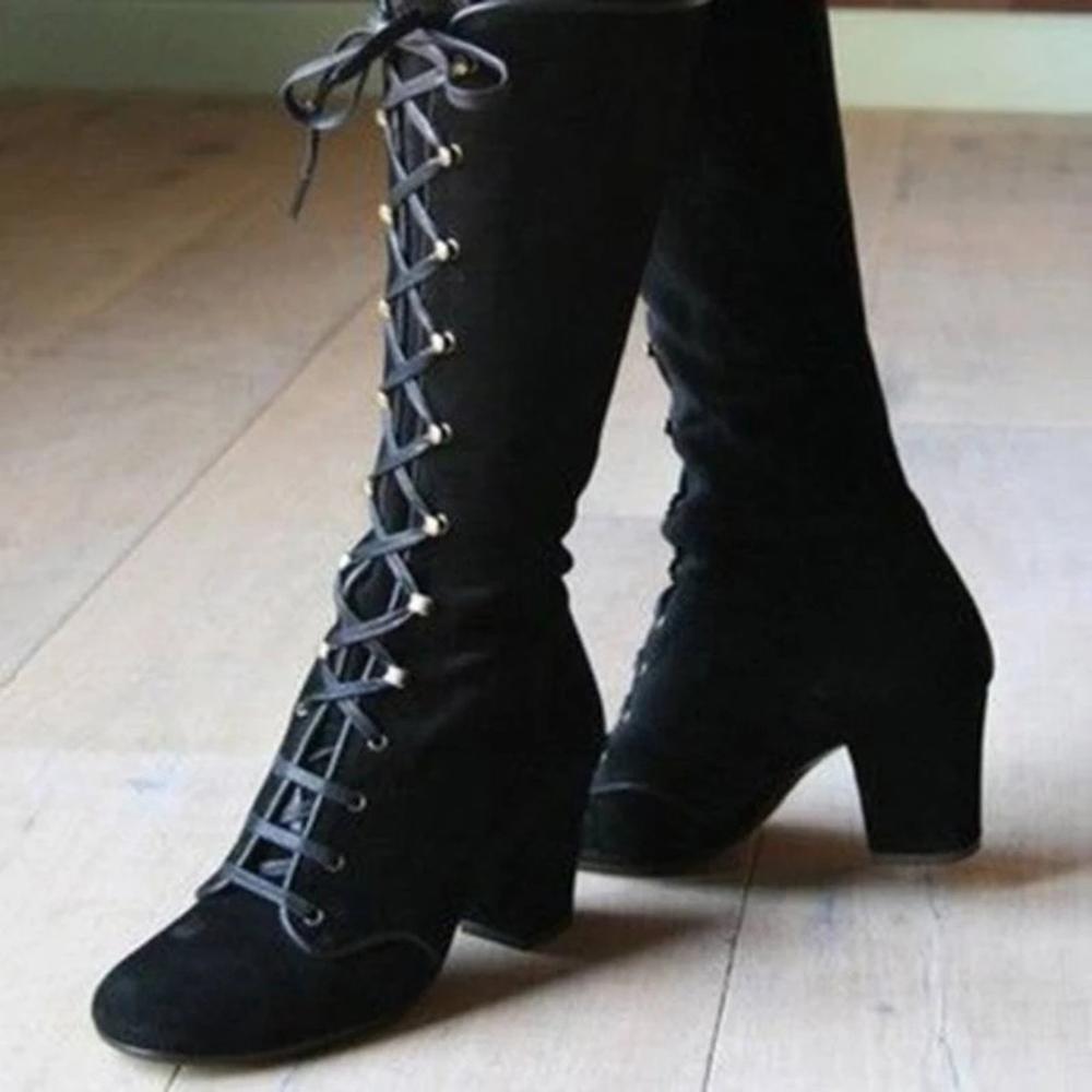 Women's Black Retro Lace Up Knee High Boots - D'Zani Fashion