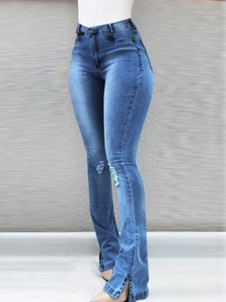 Women's Blue High Waist Bell-Bottom Jeans - D'Zani Fashion