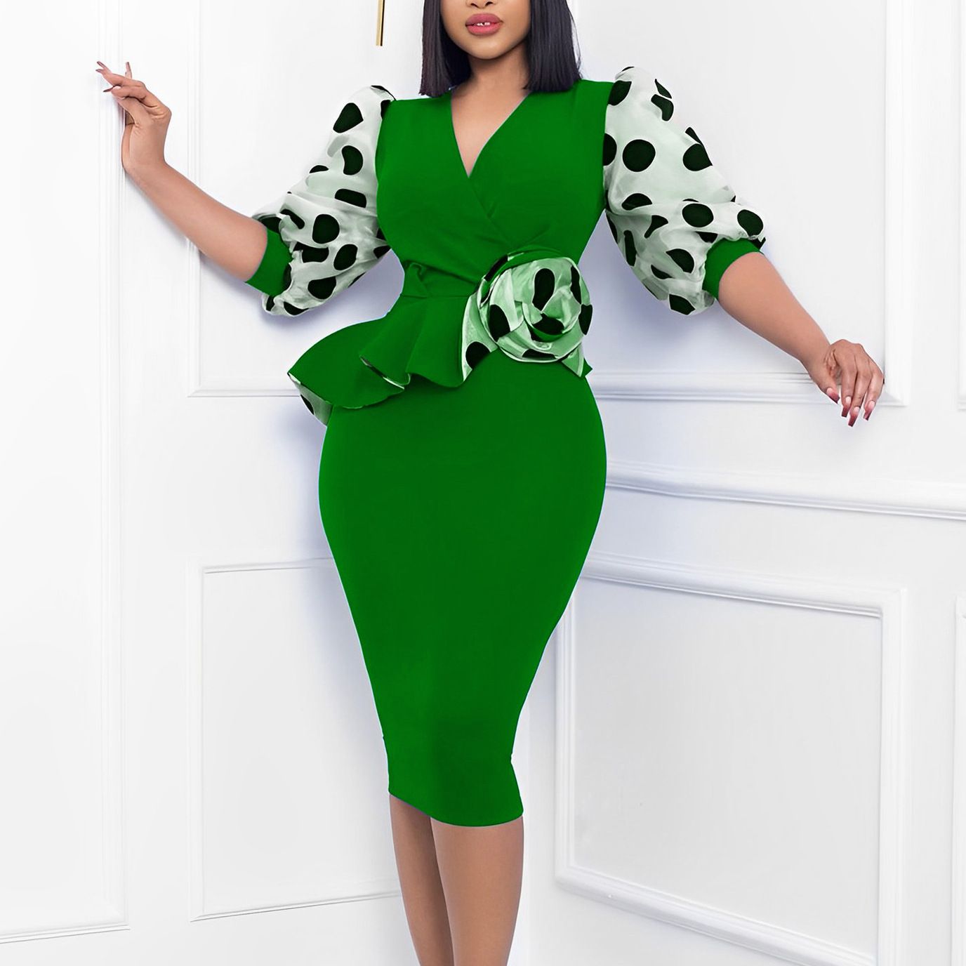 Women's Green Elegant Polka Dot Sleeve V Neck Dress - D'Zani Fashion
