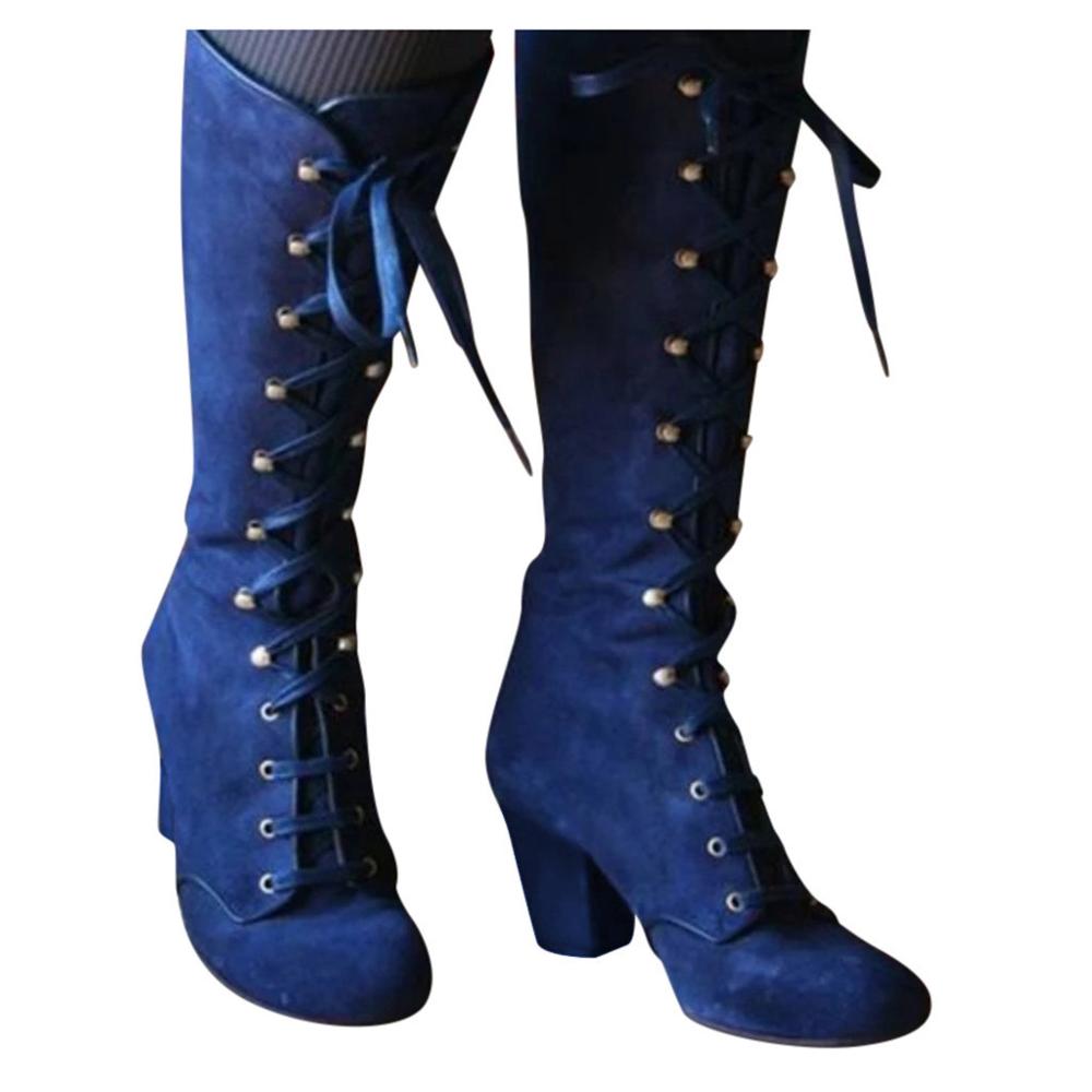 Women's Blue Retro Lace Up Knee High Boots - D'Zani Fashion