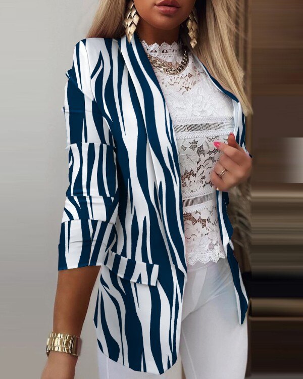 Women's Navy Blue Colorful Long Sleeved Blazer Jacket - D'Zani Fashion