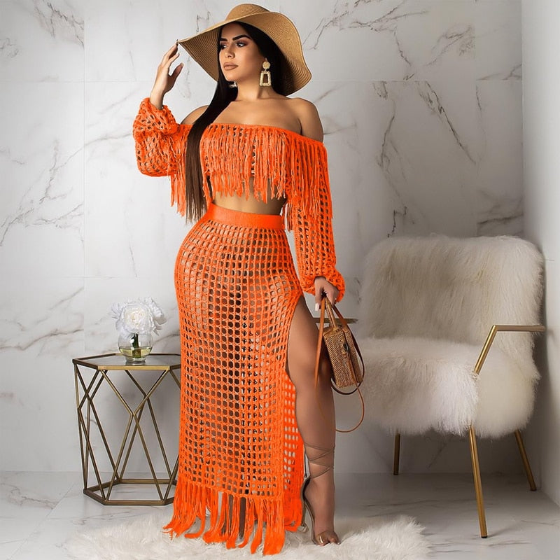 Women's Orange Crochet Tassel Maxi Skirt Set - D'Zani Fashion