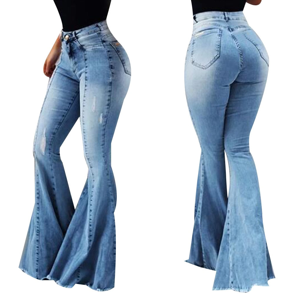 Women's Blue Flare Bell Bottom High Waist Jeans  - D'Zani Fashion