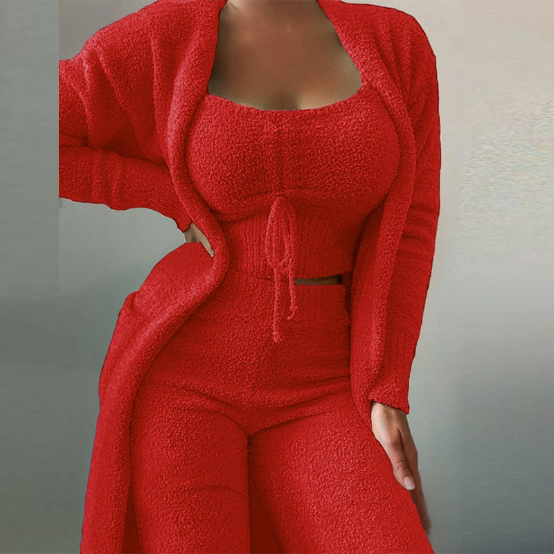 Women's Red Soft Comfy Three Piece Pants Sets  - D'Zani Fashion